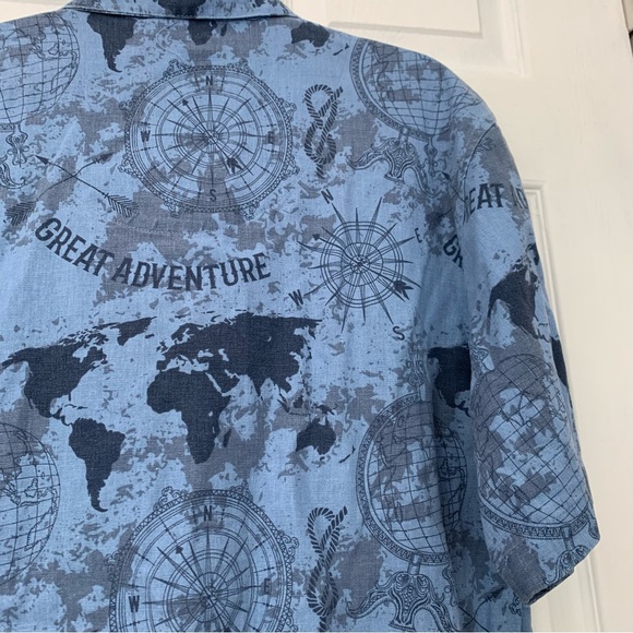 Vintage Shirt Mens Large World Map Abstract Camp Short Sleeve Blue Linen Button - Picture 6 of 6